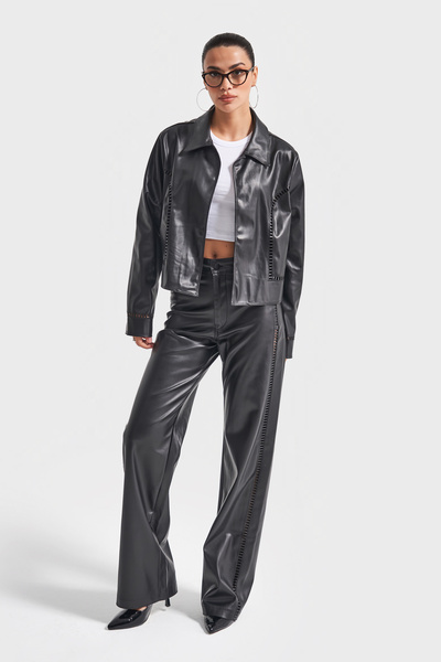 its basic Jachetă din material din piele cu design largi, culoare neagră, w5-1