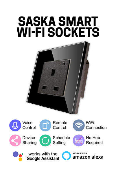 SASKA Smart Wall Socket Outlet WiFi - App Control & Works with Alexa/Google (Black, Single Socket)