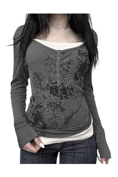 Köstebek Gothic Flower Buttoned Inner Smoked Blouse