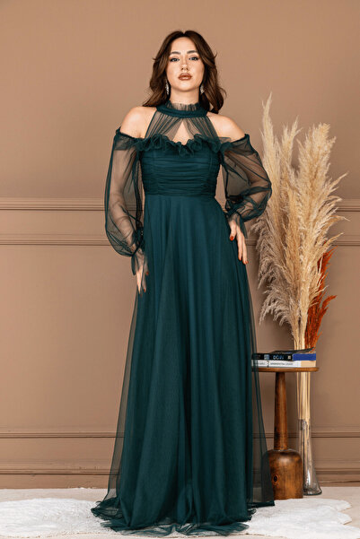 BEYBOS Tül Kumaş Volan Detaylı Tasarım Elbise - ZÜMRÜT YEŞİL