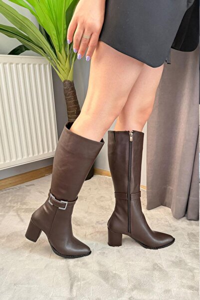 asmi shoes Γυναικείες μπότες Lamor με φερμουάρ στο πλάι κάτω από το γόνατο καφέ αγκράφα 410