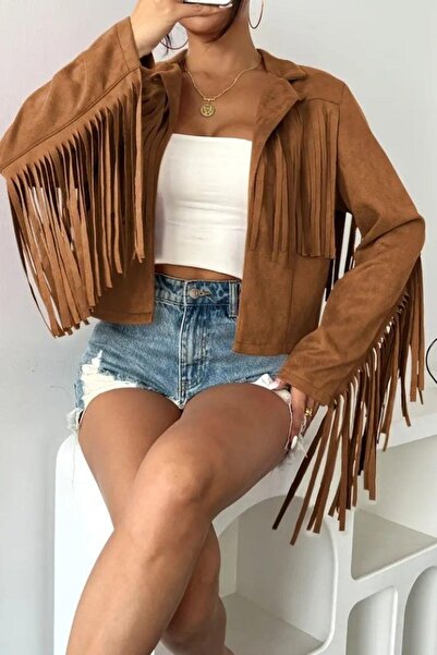Mossta Tassel Detailed Crop Suede Jacket - Brown
