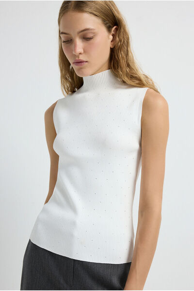 adL Taşlı Boğazlı Kolsuz Triko Bluz