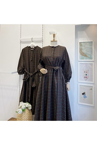 Faya Boutique Kahverengi Ekoseli Sweety Elbise