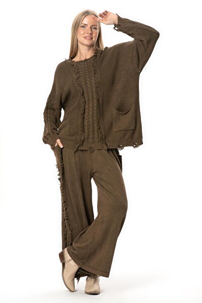 Eliş Şile Bezi Long Sleeve Aylin Knit Detailed Crew Neck Autumn and Winter Knitwear Blouse Coffee Khv