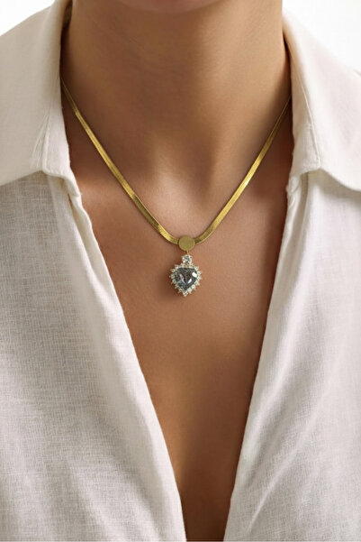 Modacaprea Steel 22K Grey Stone Heart Italian Chain Necklace 45 cm |   Gold C...