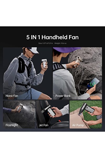 JISULIFE Portable Handheld Fan 5-in-1, 100 Speed, 9000mAh, 18W Power Bank, Flashlight - Grey