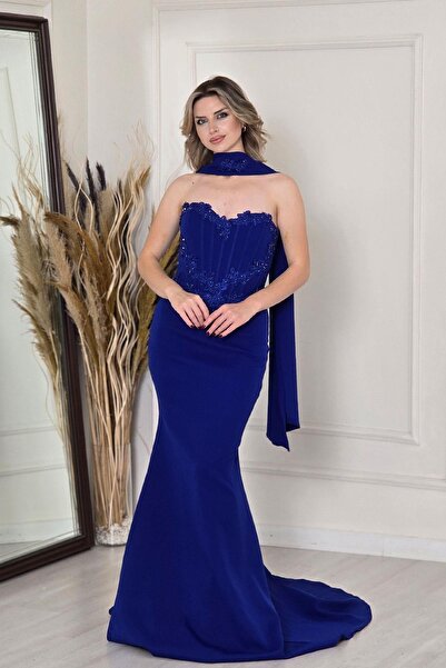 Yonca Moda Evi Saks Mavi Korseli Abiye 2731