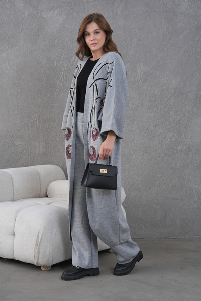 Miss Allos Жіночий комплект з широкого трикотажу з вишивкою бісером: кардиган і штани