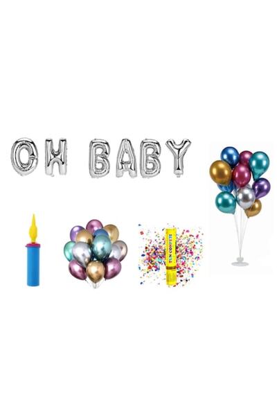 OEM Oh Baby Balloon Set, Cake Topper Gift, 65 pcs, Silver