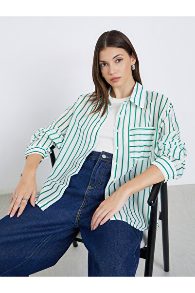 Styli قميص نسائي مخطط باللون الأخضر بأكمام طويلة وجيب