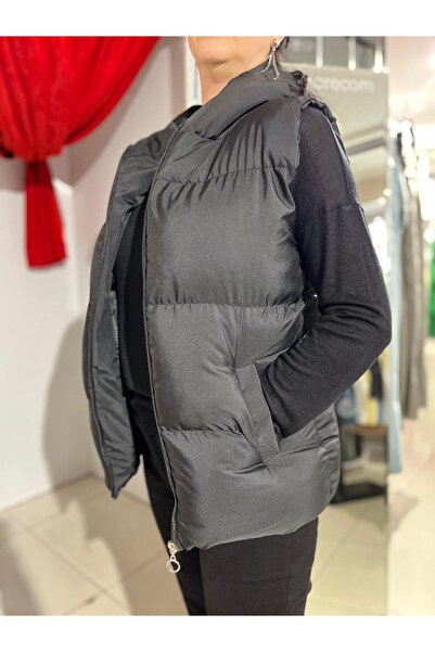 MONAMORE Black Long Length Thick Padded Inflatable Vest with Hood