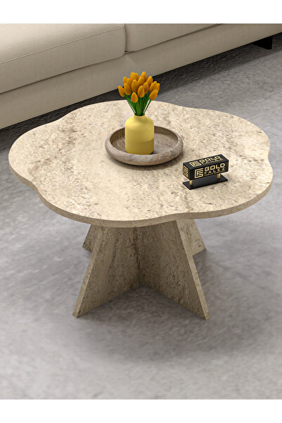 GOLDFALEZ Orta Sehpa Dekoratif Yuvarlak Orta Sehpa Yan sehpa 70 çap Çiçek Formlu Traverten