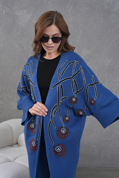 Miss Allos Women's Front Beaded Wide-Fit Knitwear Cardigan and Pants Bottom-Top Set