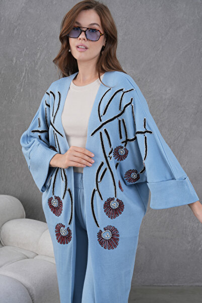 Miss Allos Women's Front Beaded Wide-Fit Knitwear Cardigan and Pants Bottom-Top Set