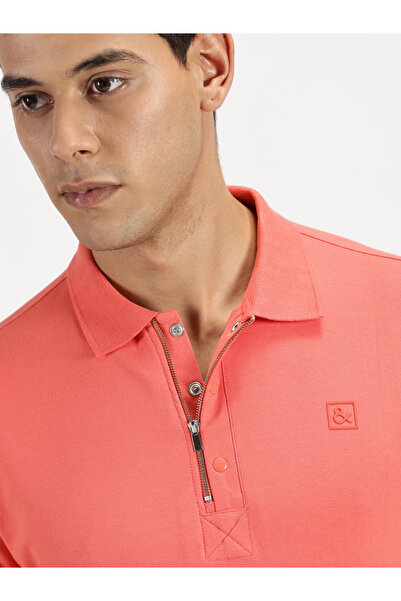 Simple And Rare By Styli Men Coral Quarter Zip Polo with Press Button