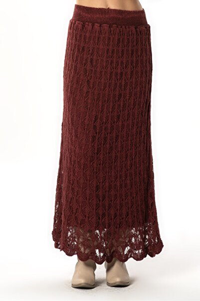 Eliş Şile Bezi Elastic Waist Elvan Autumn and Winter Long Knitted Sweater Skirt Burgundy Brd