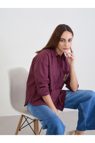 Styli Burgundy Oversized Shirt with Patch Pocket