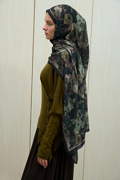 cs camellia scarf Pretty Kraş Shawl - Green-Black