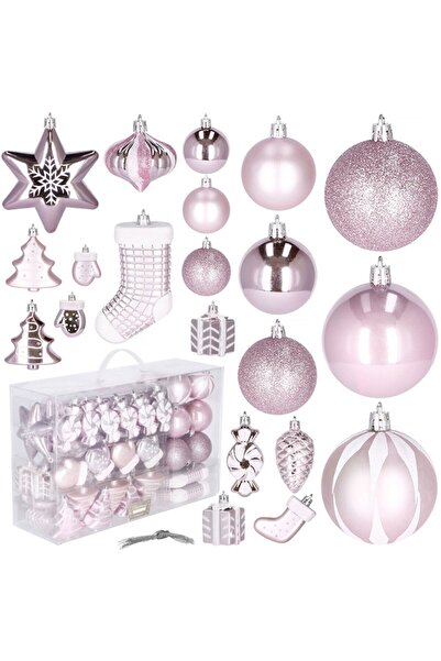 SERSIMO Set globuri și decorațiuni de Crăciun, 77 de piese, diferite dimensiuni, roz