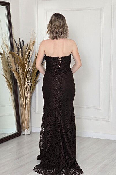 Yonca Moda Evi Kahverengi Dantelli Saten Abiye 2733