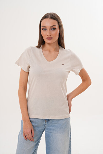 Basics&More Tricou de damă cu decolteu în V bumbac 100% basic bej - Potrivire confortabilă Casual Summer tricou