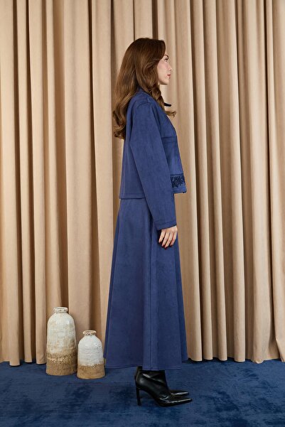 Puane Kadın Nakış Detaylı Fermuarlı Scuba Süet Ceket Takım - 14396TKM - NAVY