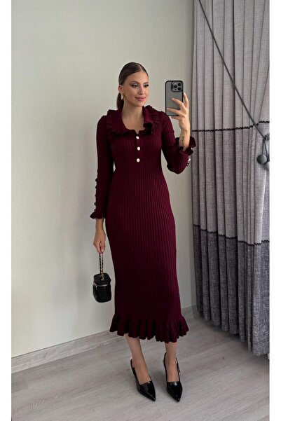 Miasista Fırfır Düğme Detay Triko Elbise