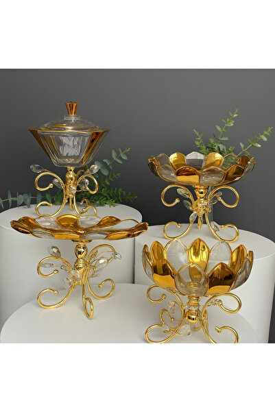 Elta Collection Gold Titanyum Cam 4’lü Lüx Sunum Seti Şekerlik, Kase ve Sunum...
