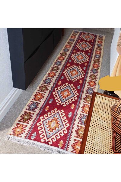 OEM Traditional rug, size 100x400 cm, red and cream, ROMB pattern