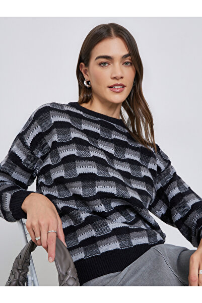 Styli Patterned Knit Dropped Shoulder Sweater