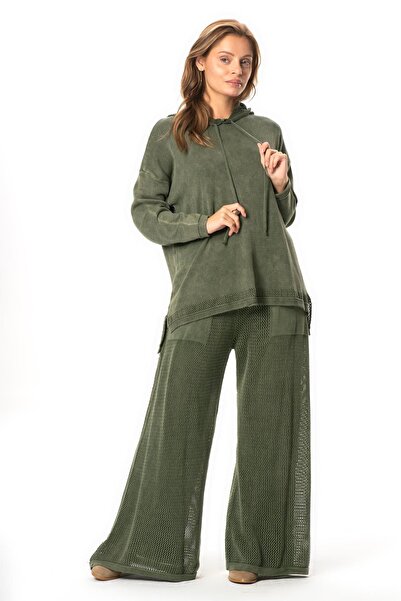 Eliş Şile Bezi Long Autumn and Winter Knitwear Trousers with Pockets, Wide Legs, Elastic Waist, and Detailing, Khaki Hk