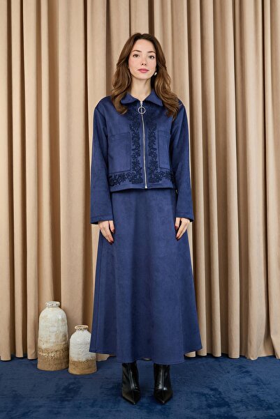 Puane Kadın Nakış Detaylı Fermuarlı Scuba Süet Ceket Takım - 14396TKM - NAVY