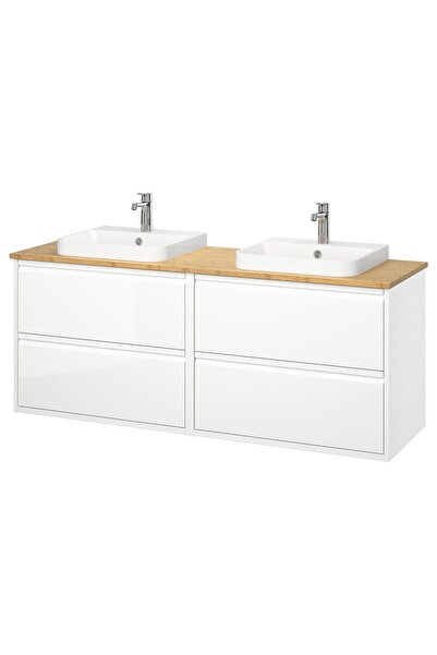 hobiurun Lavabo dolabı kombinasyonu, parlak cila beyaz-bambu, 162x49x71 cm, B...