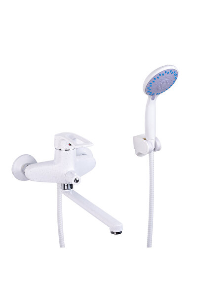 Trendy's Μπαταρία μπανιέρας, επιτοίχια, μακρύ κινητό ρουξούνι, λευκός γρανίτης