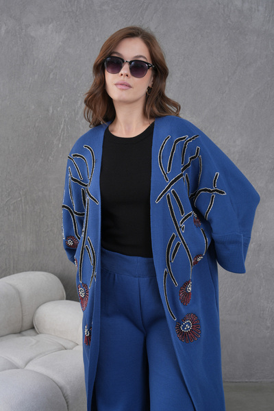 Miss Allos Women's Front Beaded Wide-Fit Knitwear Cardigan and Pants Bottom-Top Set