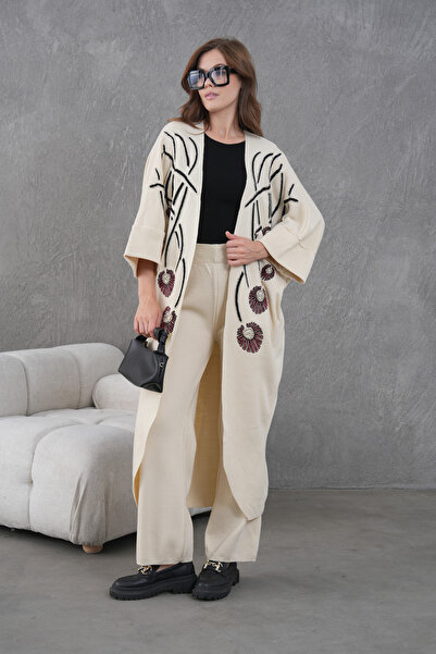 Miss Allos Women's Front Beaded Wide-Fit Knitwear Cardigan and Pants Bottom-Top Set