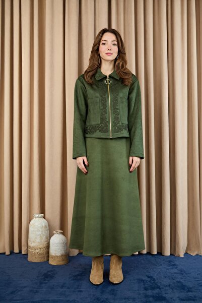 Puane Kadın Nakış Detaylı Fermuarlı Scuba Süet Ceket Takım - 14396TKM - KHAKI