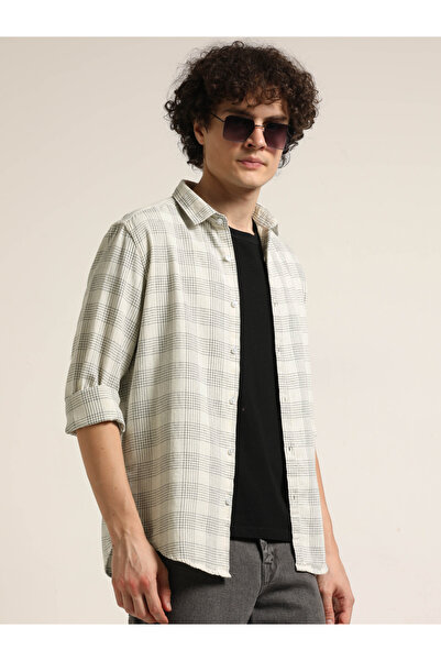 Bushirt By Styli Men Off White Checked Shirt