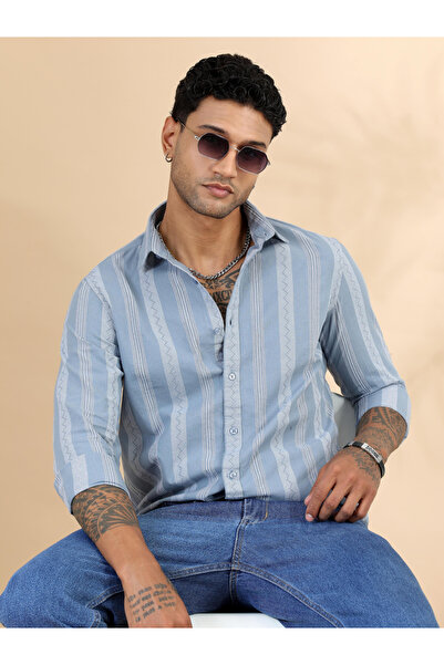 Bushirt By Styli قميص رجالي مخطط باللون الأزرق بياقة واسعة