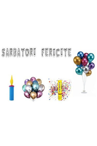 OEM Set baloane „Sărbători fericite”, decor pentru tort, 78 buc, argintiu