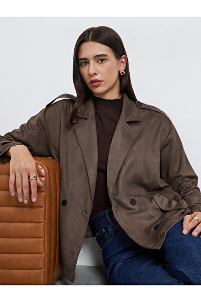 Take Two By Styli Brown Suede Look Button Front Jacket