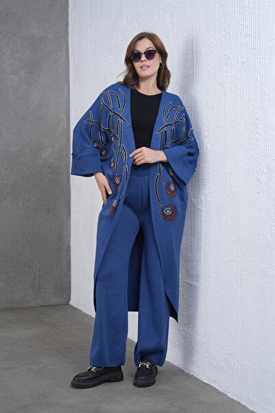 Miss Allos Women's Front Beaded Wide-Fit Knitwear Cardigan and Pants Bottom-Top Set