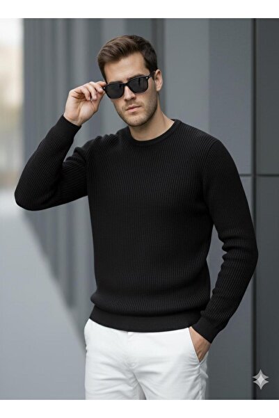 Miron Pulover negru pentru bărbați cu gât crew - 2537