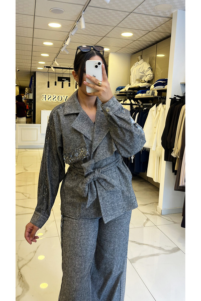 Vosse Mianotte Gri Payet Detaylı Kuşaklı Takım