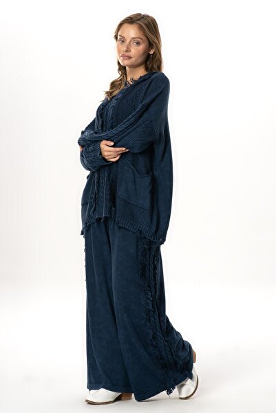 Eliş Şile Bezi Long Sleeve Aylin Knit Detailed Crew Neck Autumn and Winter Knitwear Blouse Navy Blue Lcvt