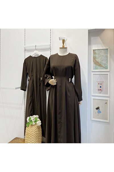 Faya Boutique Kahverengi Modal Kumaş Frise Elbise