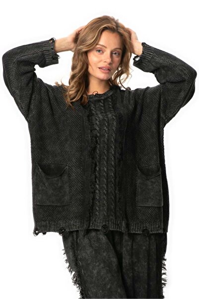 Eliş Şile Bezi Uzun Kol Aylin Örgü Detaylı Bisiklet Yaka Sonbahar ve Kışlık Triko Bluz Siyah Syh