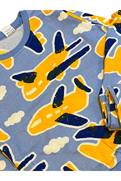 Fil Kids Erkek Çocuk Pamuklu Kumaş Mavi Renk Uçak Desenli Uzun Kollu Şardonlu Kışlık Pijama Takımı