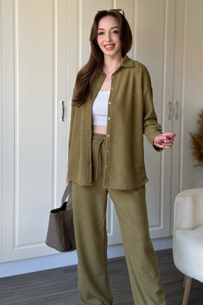 Dilay Gökoğlu Butik Buttoned Long Sleeve Thessaloniki Fabric Green Shirt Suit